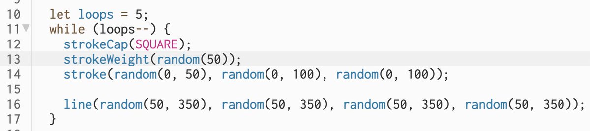 Screenshot of the p5.js editor showing the draw function with the stroke and line calls wrapped in a while loop.
