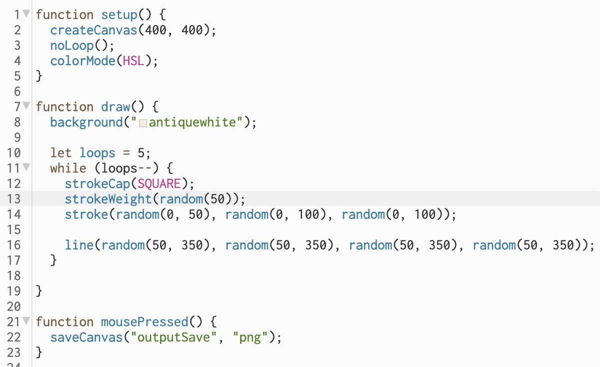Screenshot of the complete 21-line p5.js sketch in the editor: setup, draw with a while loop, and mousePressed with saveCanvas.